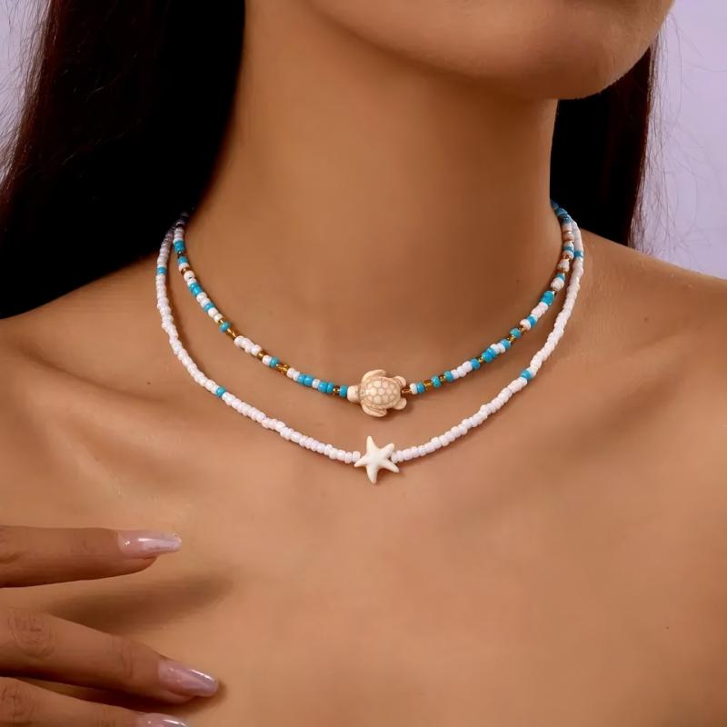 

Beaded Necklace Set for Women 2 Pcs Seed Bead Choker with Sea Turtle Starfish Charms Layering Summer Boge Beach Jewelry