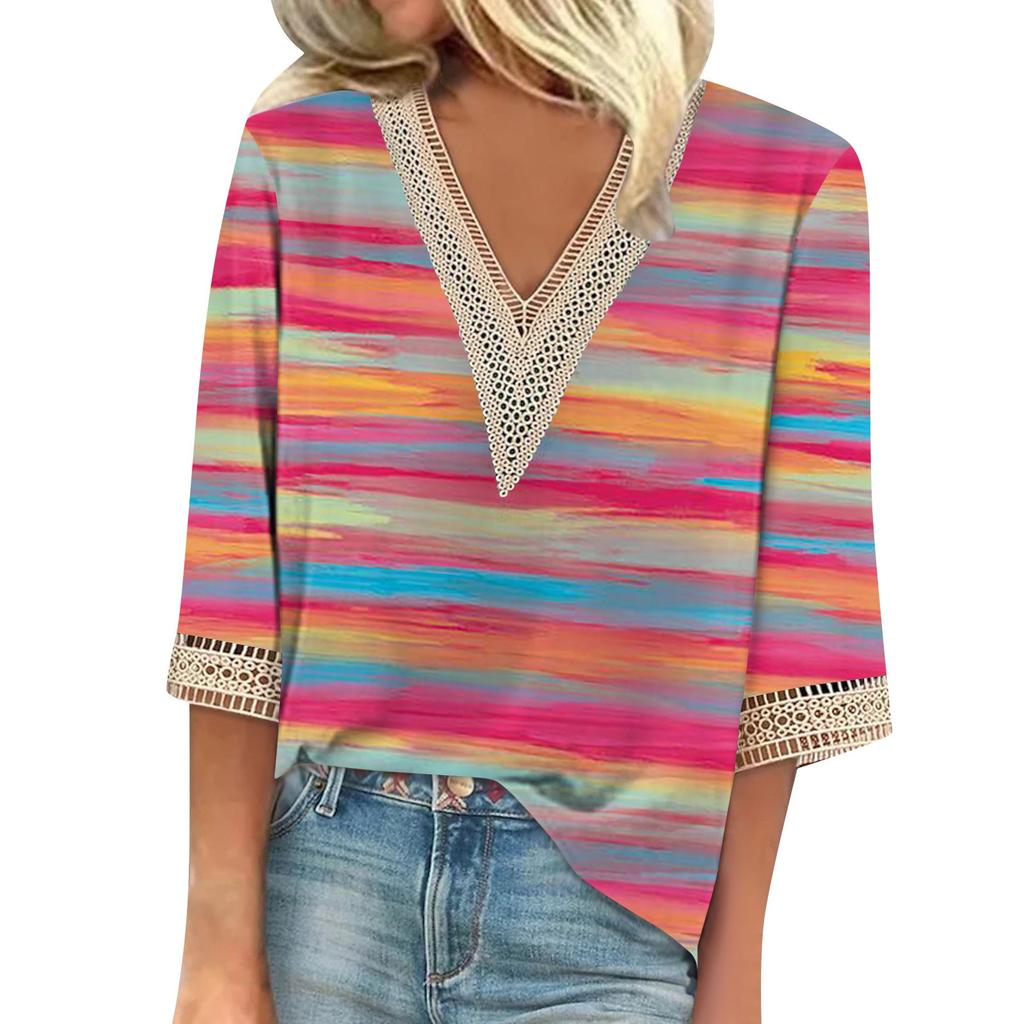 Women's Shirt Blouse Casual Loose Shirts 3/4 Sleeve Lace Trims Print V Neck Tops Print Tops T-shirts Tee