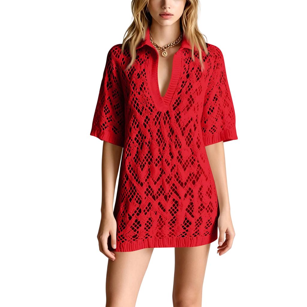 Casual V Neck Collared Short Sleeve Loose Fit Hollow Knit Mini Dress Lightweight Breathable Summer Wear