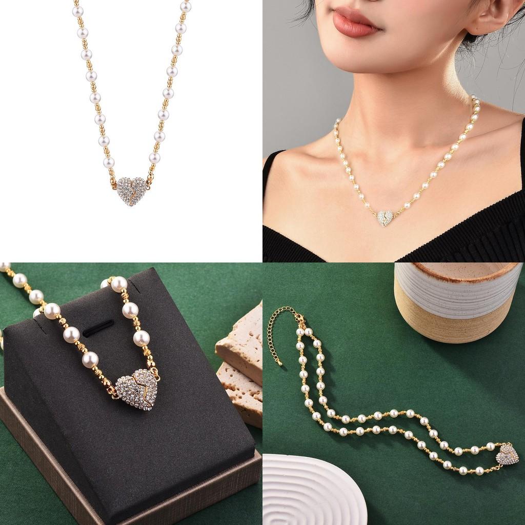 Stylish Heart Shaped Magnetic Pendant Necklace Adorned With Elegant Pearls And Diamonds