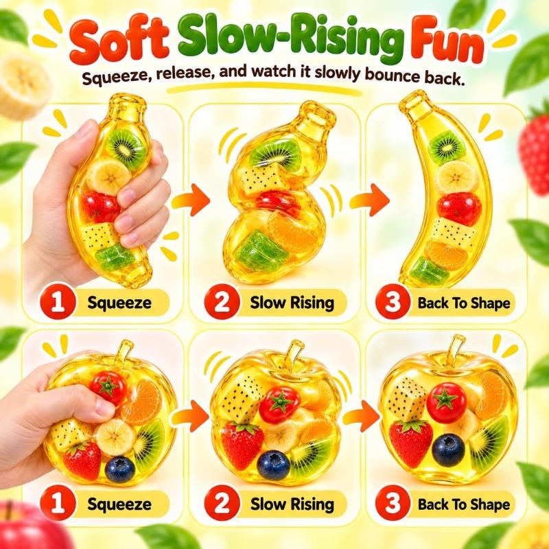 Fruit Filled Squishy Toy, Clear Apple Banana Coconut Oil Squishy with Fruit Inside Soft Durable Slow Rising for Stress Relief