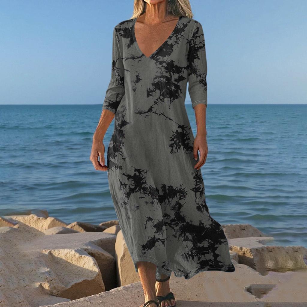 Dresses For Womens Vintage Print Tunic Waisted Midi Dress Summer Casual 3/4 Sleeve Dress