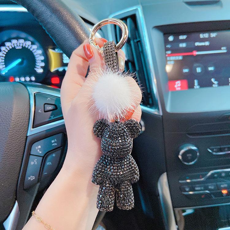 Autumn and Winter New Mink Hair Full of Diamonds Violent Bear Car Key Chain Drill Rope Key Ring Bag Pendant Online Celebrity