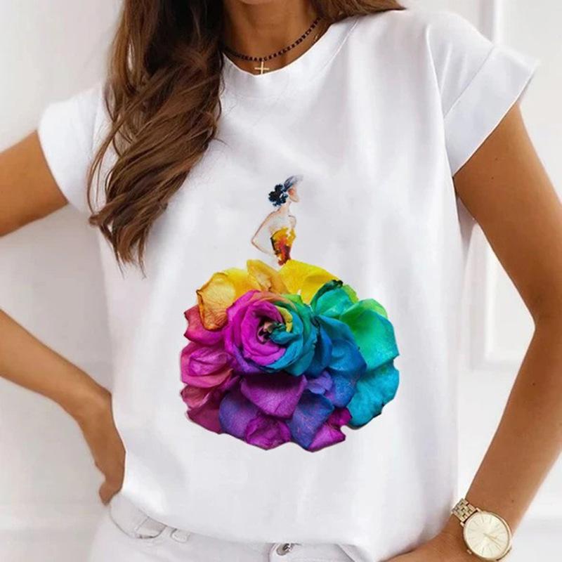 Módní kreativní 3D Rose Flower Grafika Dámské Tričko Letní halenka 90S Volný Trička s krátkým rukávem Bílý výstřih do O Dámské topy Oblečení
