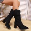 Cizme de modă cu toc înalt cu vârf ascuțit, vintage, 2025 iarnă, noi, mărime plus, lână, cizme medii pentru femei
