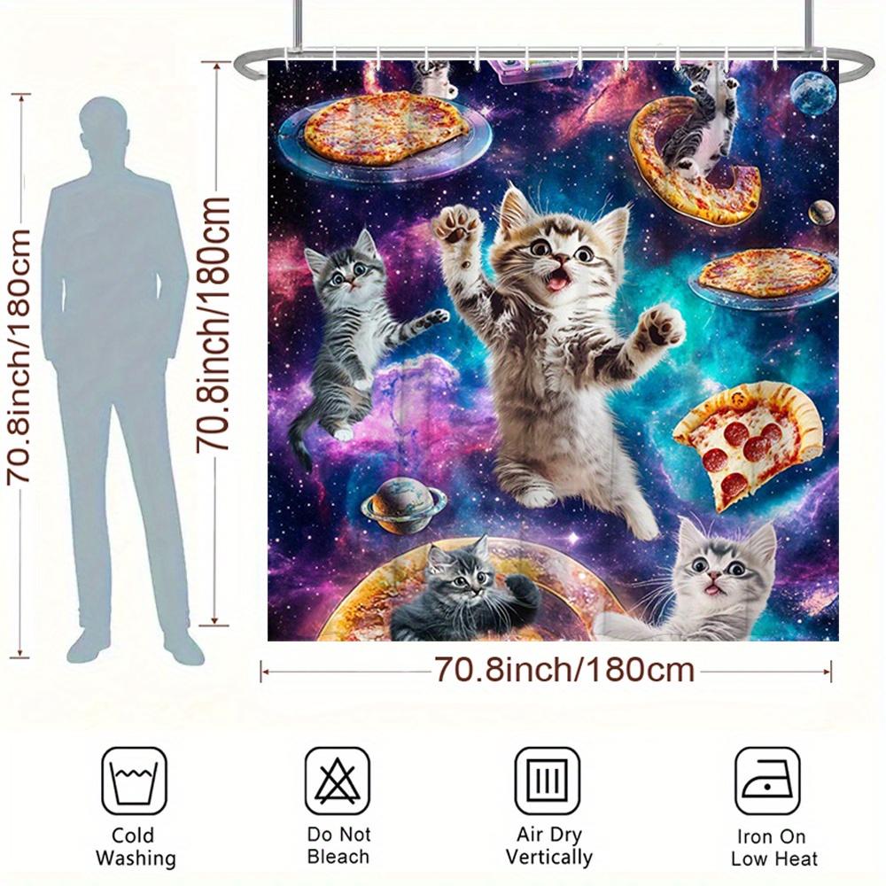 Transform Your Bathroom with a Waterproof Shower Curtain Featuring Adorable Cats and Pizza in Space for Fun and Style