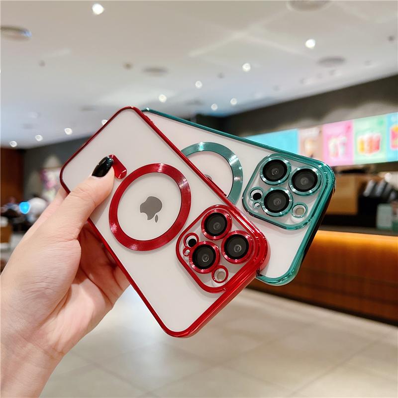 For iPhone 15 16 Pro Max Luxury Magsafe Magnetic Plating Frame Transparent Phone Case For iPhone 11 12 13 14 15 Plus Lens Cover