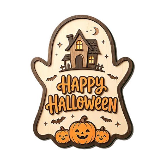 Vintage Style Decor Halloween Wooden Hanging Sign, Rustic Ghost Bat Black Cat Witch Hat Wall Decor, Theme Ornaments Spooky Pendant with Hemp Rope