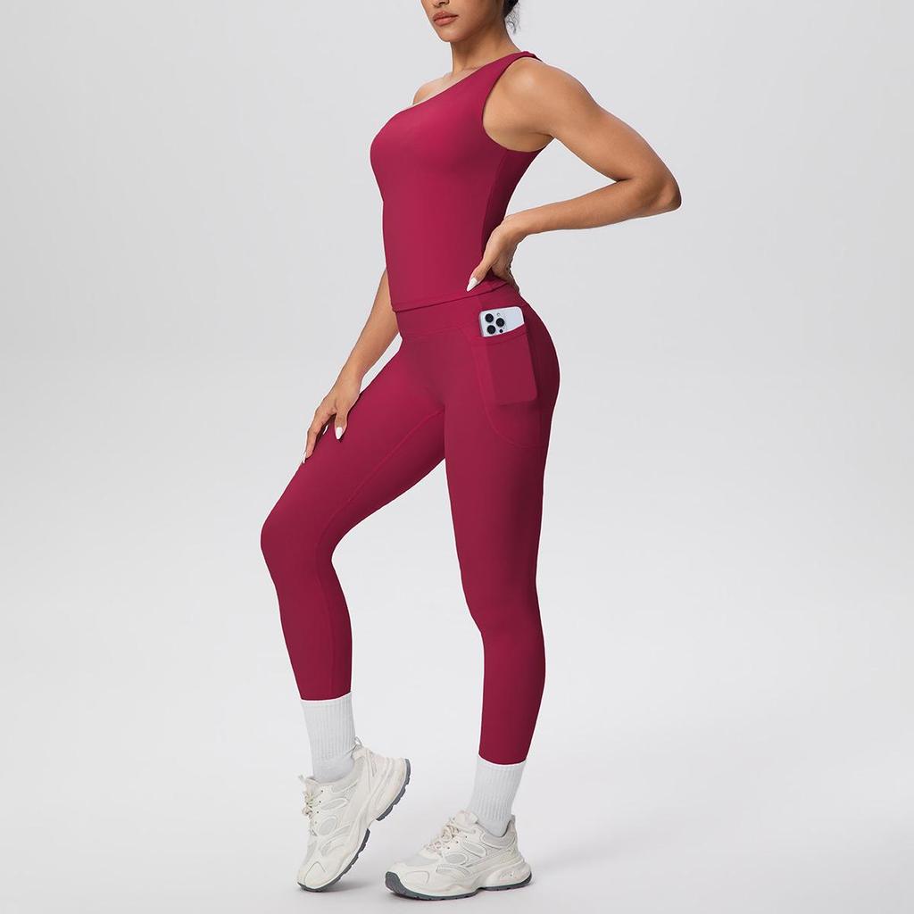 European & American Solid Color One-Shoulder Sports Vest & High-Waisted Pocket Yoga Pants Fitness Set for Women