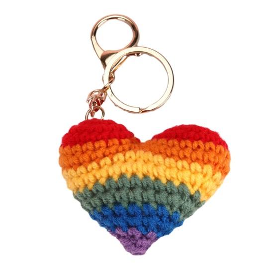 Gestrickter Anhänger Regenbogenfarben Herz Blumenform Häkel-Schlüsselanhänger Weiches Baumwollgarn Handgemachter Taschenanhänger Autoschlüssel Rucksack-Accessoire
