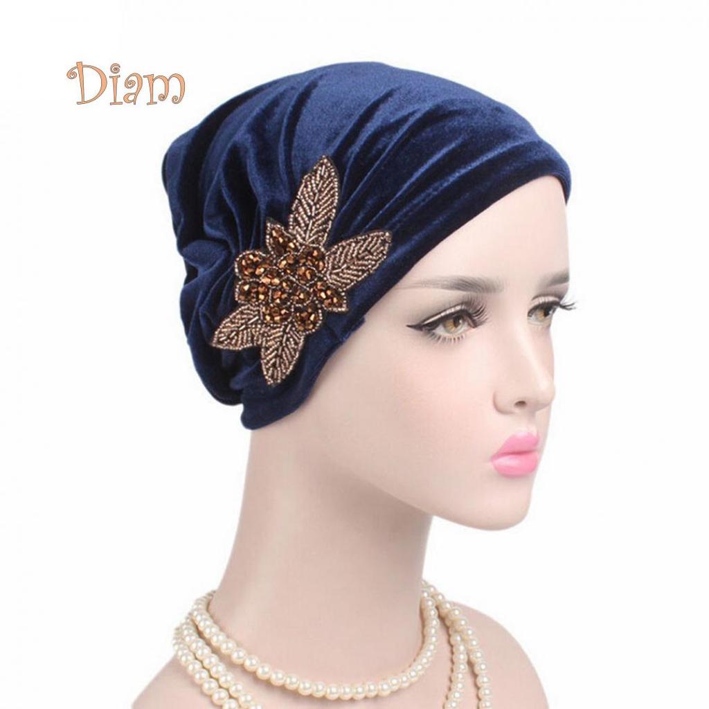 Tenfyer Beads Flower Women Cancer Chemo Velvet Hat Beanie Turban Head Wrap
