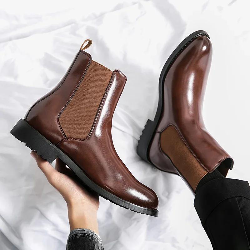 Mens Boots Classic Chelsea Boots High Quality Genuine Leather Boot British Style Business Dress Boots Men High-Top Leather Shoes