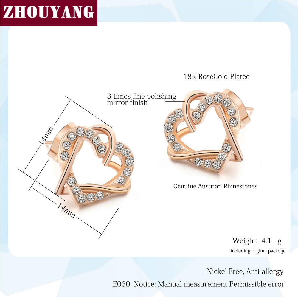 Top Quality Luxury Gold Heart Rose Gold Color Stud Earrings Jewelry Austrian Crystal ZYE030 ZYE031