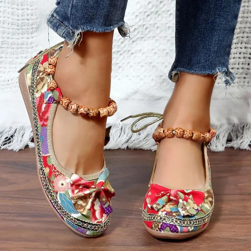 Women's Floral Print Flat Shoes, Tribal Style Ankle Strap Slip On Shoes, Casual Walking Shoes
