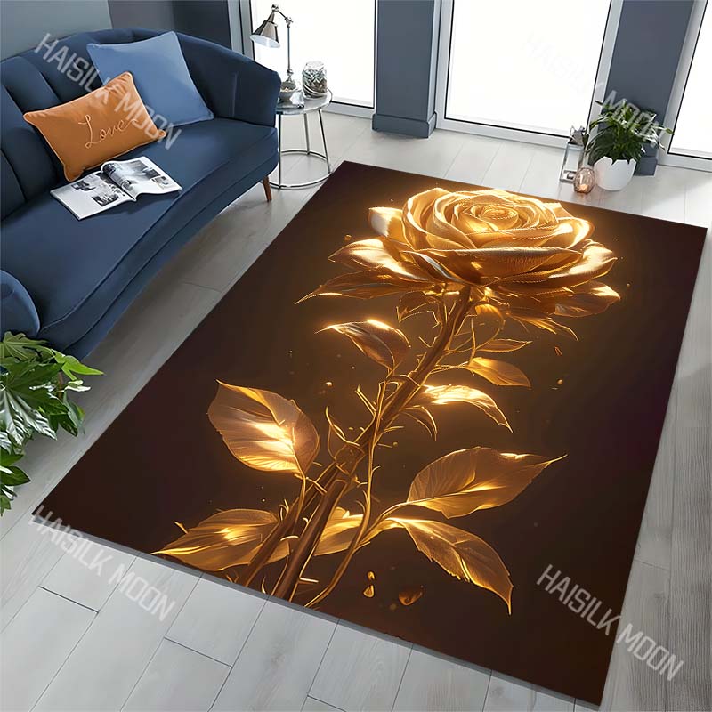 1PC Golden Rose Pattern Carpet for Living Room Bedroom Bedside Floor Mat Sofa Table Area Rugs Home Decor Large Size