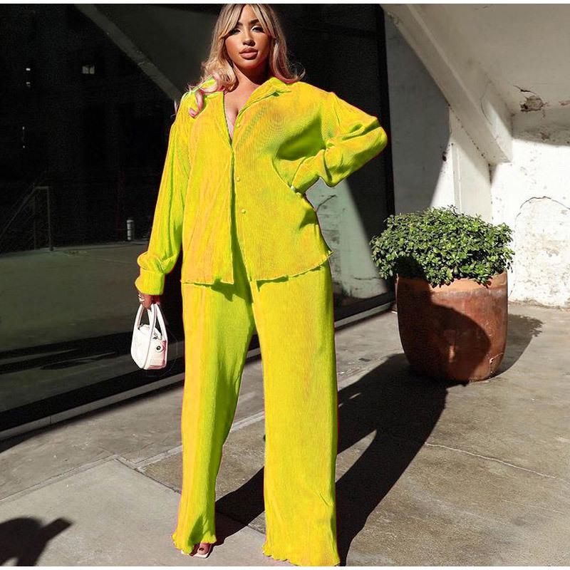 European and American Autumn Pleated Cardigan and Wide Leg Pants Set for Women