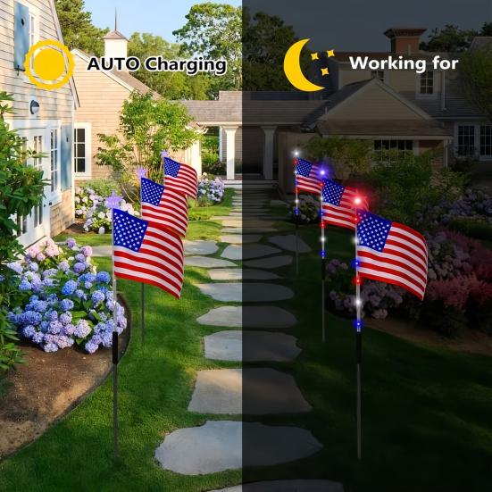 8Pcs Solar Stake Lights Waterproof Outdoor LED Pathway Lights with 8 Modes Red White Blue Solar Powered Garden Stakes Lights for Independence Day 4th