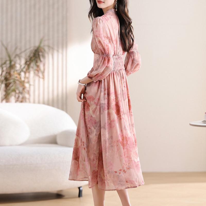 Romantic  Pink Floral Lantern Sleeve Beautiful Dress for Autumn