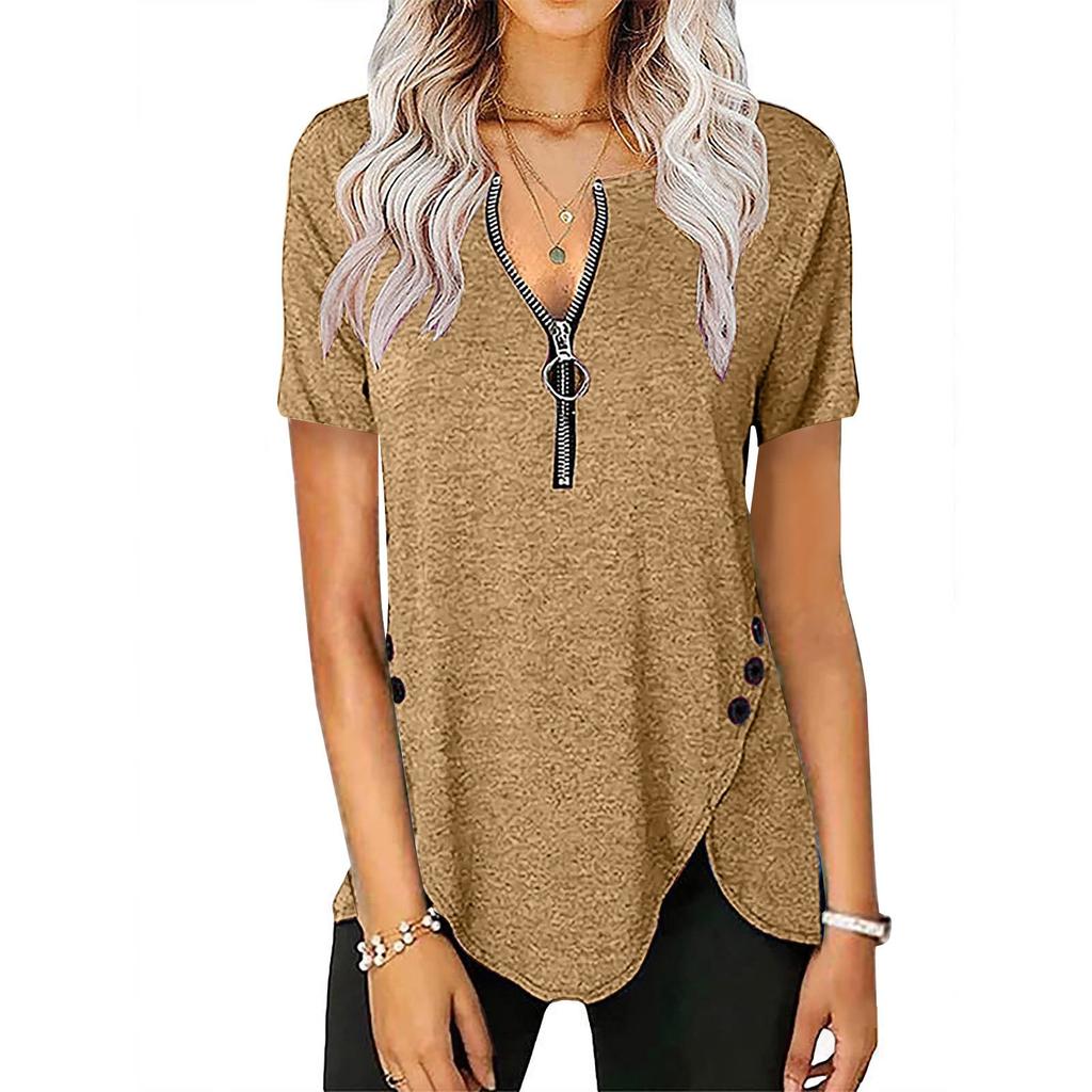 Womens Casual Color Zipper Short Sleeve Loose Top T-Shirt Blouse