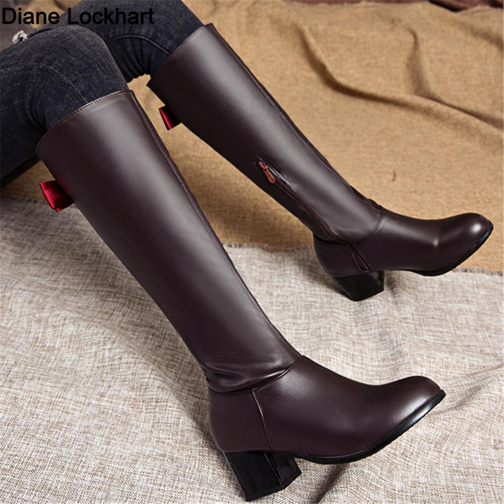 Fashion Autumn Winter Warm Over The Knee Boots Women Fashion Side Zipper High Heels Bow Ladies Soft PU Leather Long Botas Mujer Brown