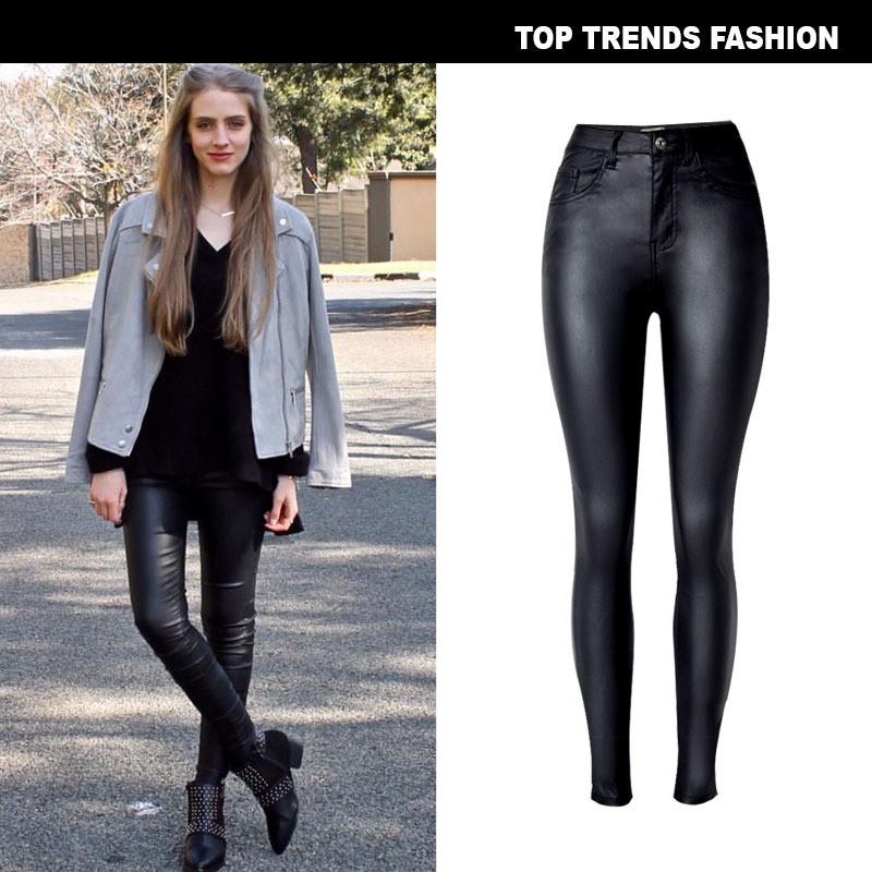 High Waist Slim Fit Stretch Faux Leather Denim Pants With PU Pockets Motorbike Style Plus Size