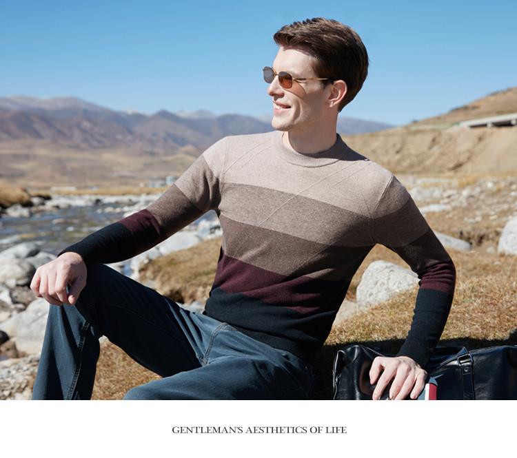 100% Sheepskin & Thick Jacquard Cross Color Striped Round Neck Woolen Sweater for Men's Autumn/Winter Warmth Sweater