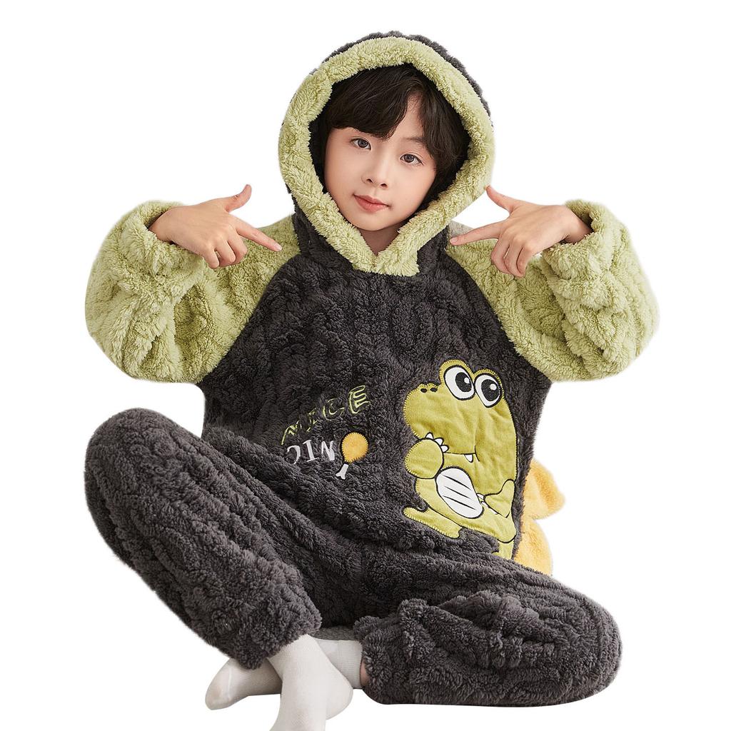 Kids Flannel Pajamas Set Boys Girls Warm Long Sleeve Top And Pants Sleepwear Winter Home Nightwear
