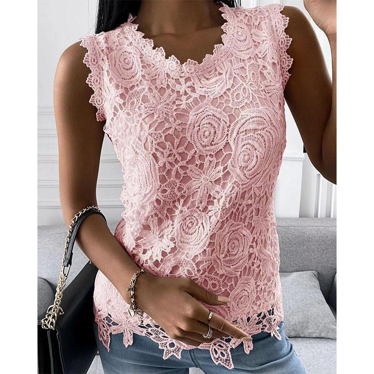 Plus Size Floral Vest Camisole Summer Tops Fashion Lace Blouse Women Jacquard Sleeveless Shirts Casual Women Vintage T-Shirt
