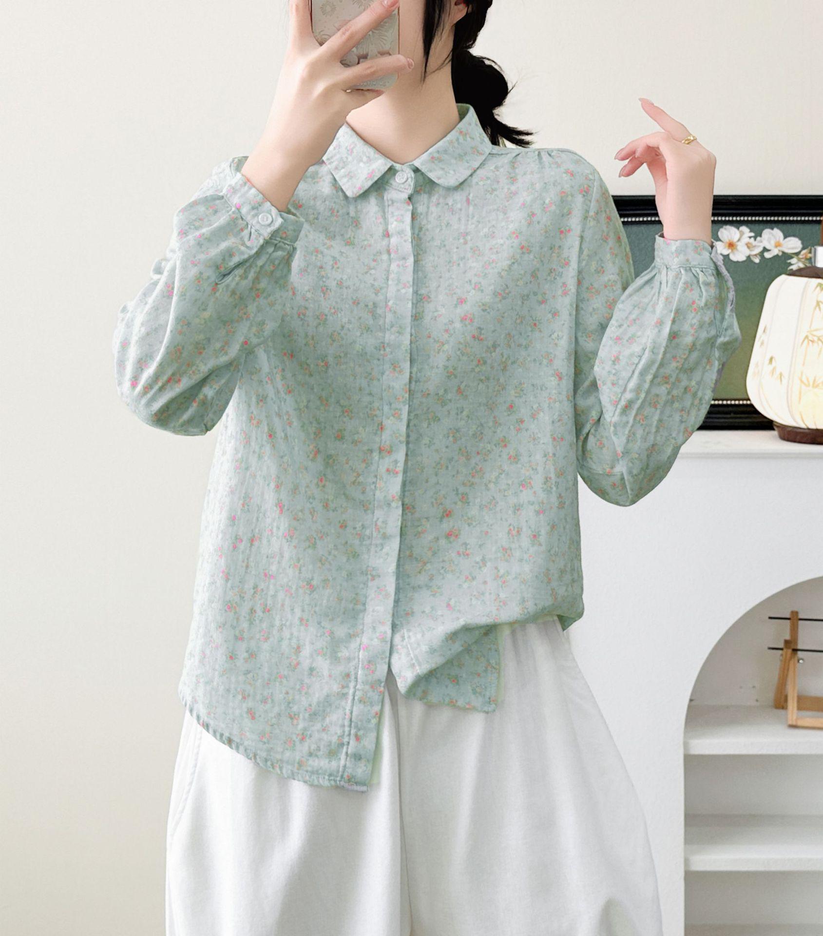 Women s Japanese Style Floral Long Sleeve Gauze Shirt - Spring/Autumn 2026 L зелёный