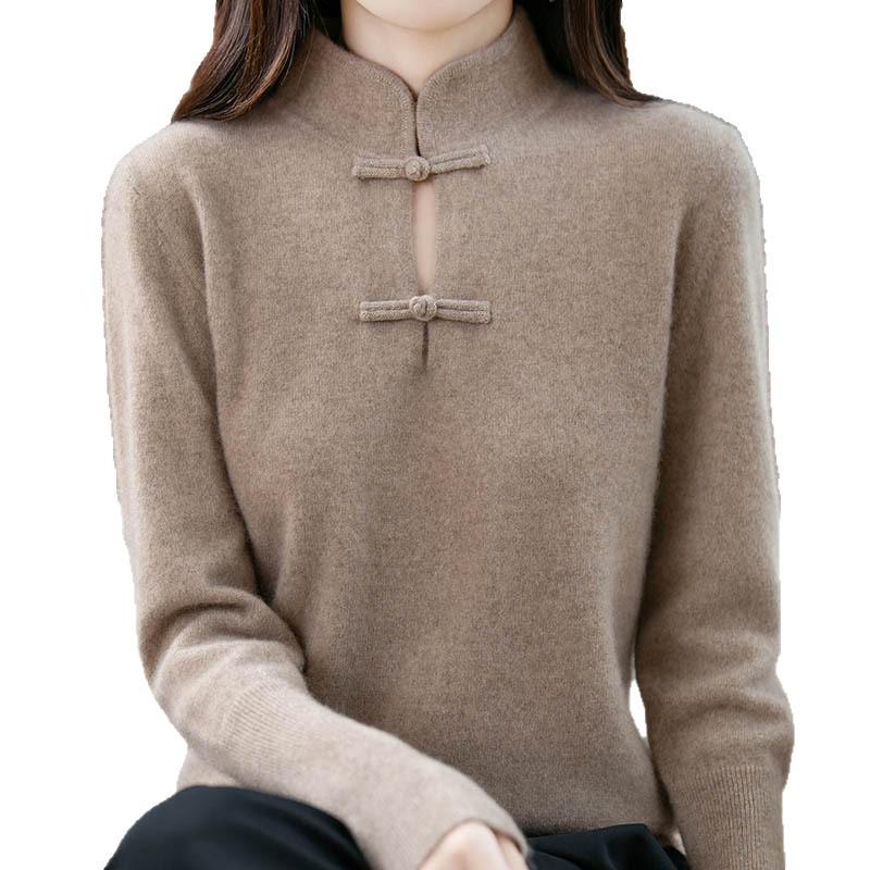 Women's Chinese Knot Button Red Wool Sweater - Autumn/Winter 2025 Collection, Loose Fit, Long Sleeve Knitted Top