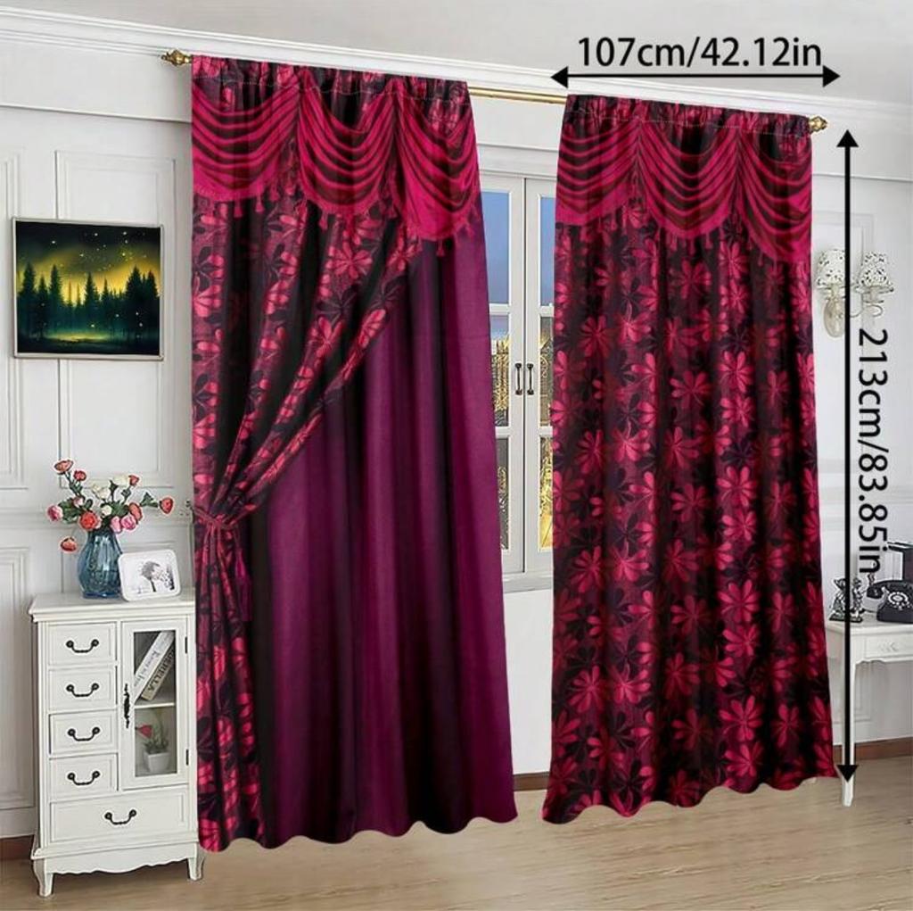 Red Floral False Background Pattern Printed Curtains, Bedroom and Living Room, Home Decoration, Room Decoration