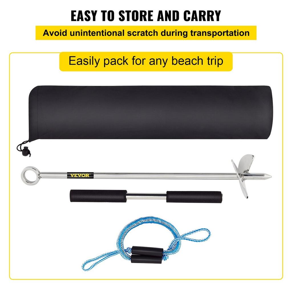 Sand Anchor, 18\" Length Auger to The Beach and Sandbar, 316 Stainless Steel Screw Anchor with Removable Handle, Bungee Line & Carry Bag, for Jet Ski