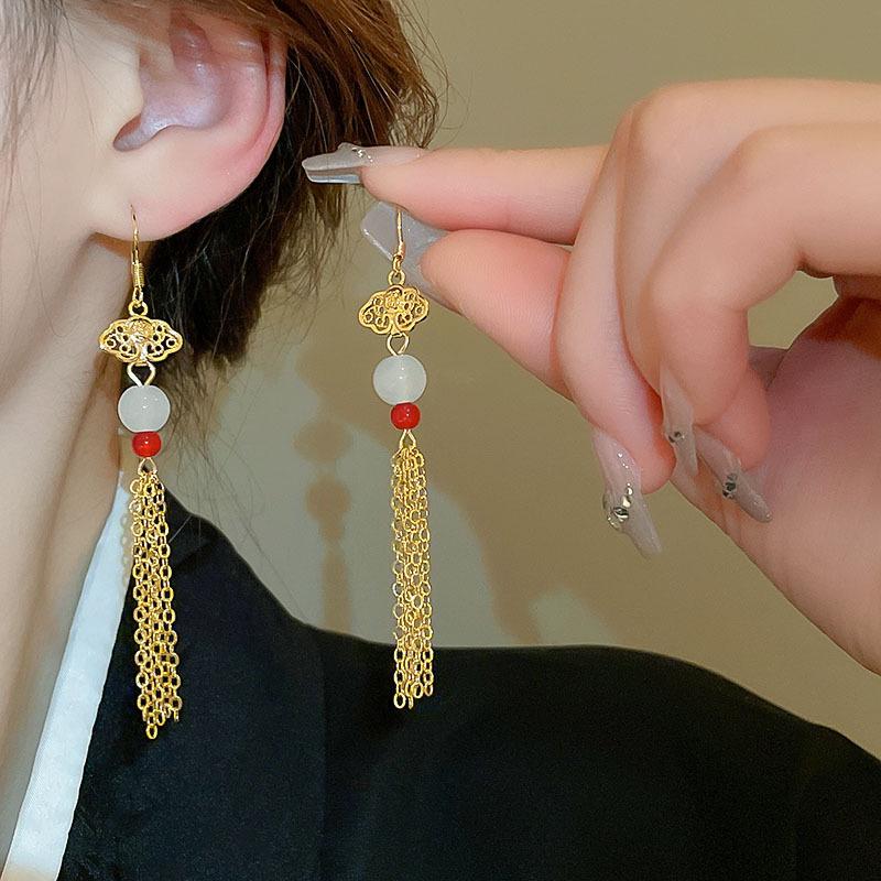 Elegant Chinese Tassel Earrings for Women - Metallic Cloud Design, Hanfu Style