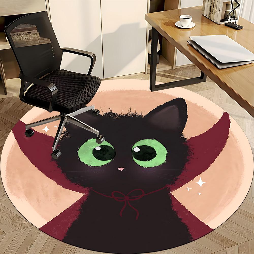 1PC Black Cat Office Round Area Rug,  Mat Suitable ForOffice, Under Office Chairs Bedroom Living Room Home Decor, Room Deco
