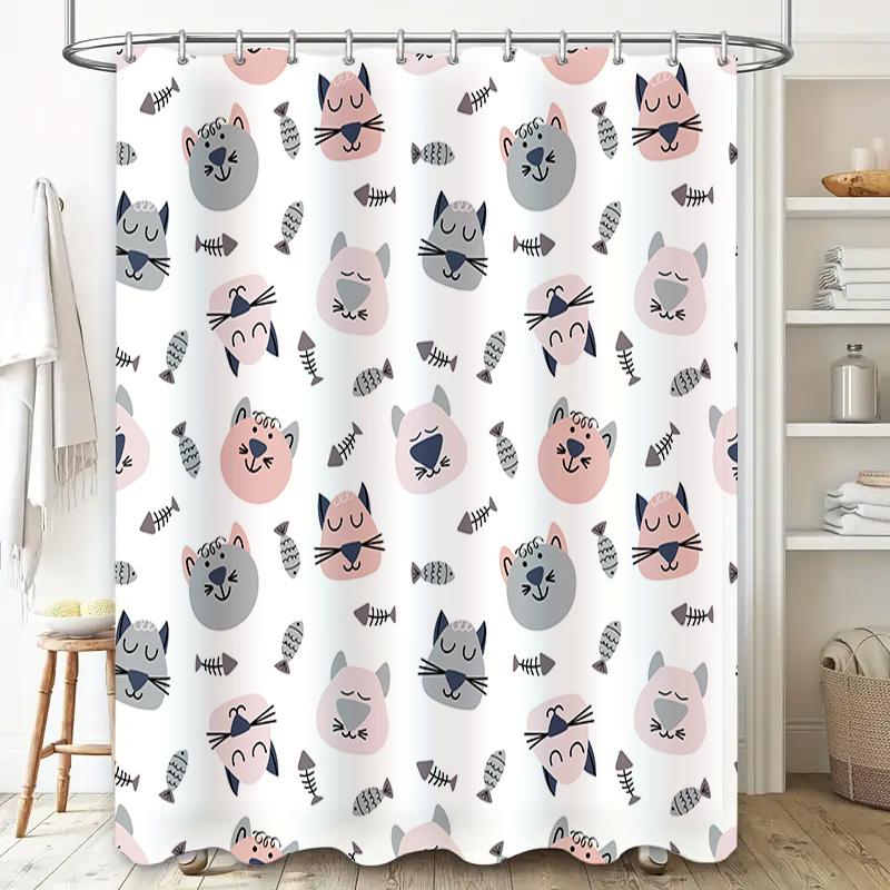 Decorative Cat Pattern Shower Curtain Pink Gray Colorful Cats Design Bathroom Accessories Soft Fabric Waterproof (White)