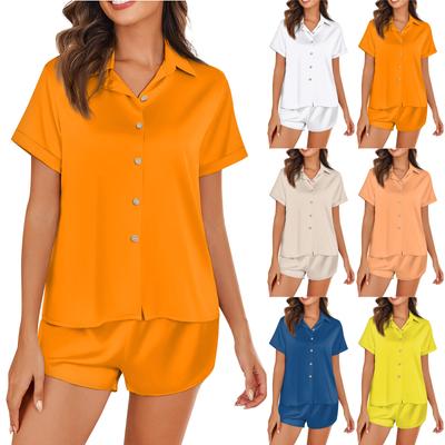 Damen Seidenpyjama Kurzarm Satin Nachtwäsche Set 2-teilig Knopf Hauskleidung