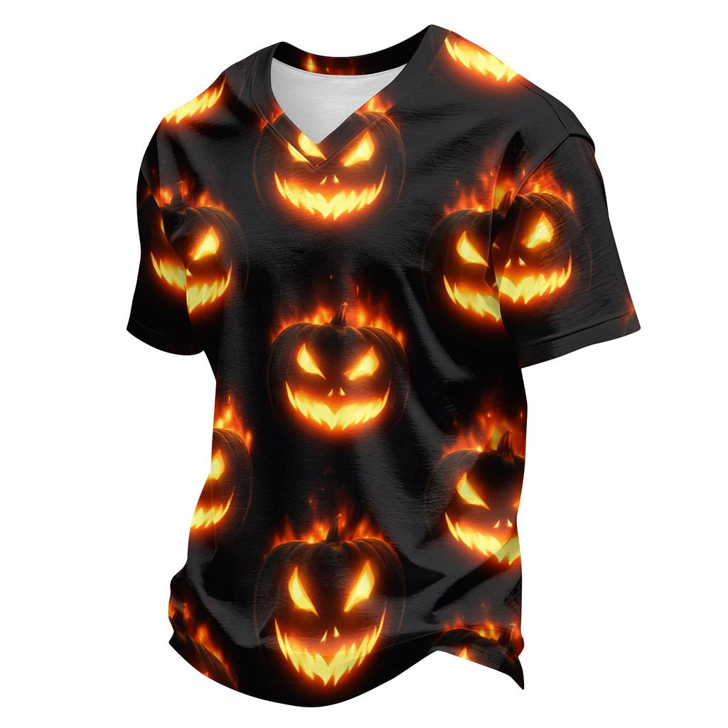 Men's Casual V Neck Lightweight Breathable Short Sleeve Top Halloween Pumpkin Scarecrow Print Summer Tee Shirt for Everyday Wear