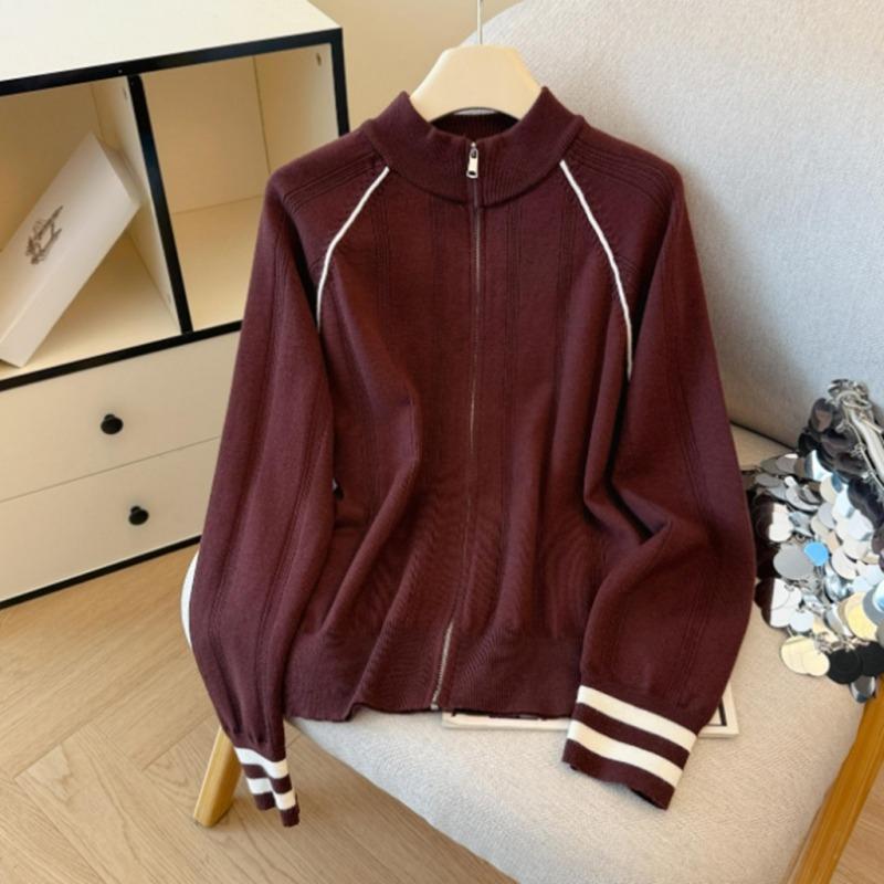 College-style Stand-up Collar, Zipper, Long-sleeved Sweater, Knitted Sweater, Women's Autumn Commuter Versatile Coat Top