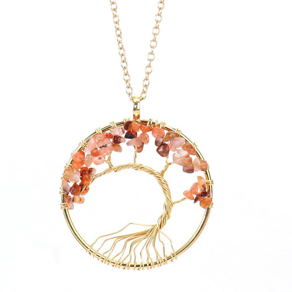 Gold Wire-Wrapped Tree of Life Necklace with Natural Crystal Crushed Stone