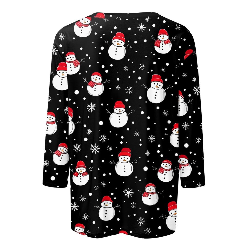 Women's Fashionable Casual Three Quarter Sleeve Christmas Printed Collar Pullover Top