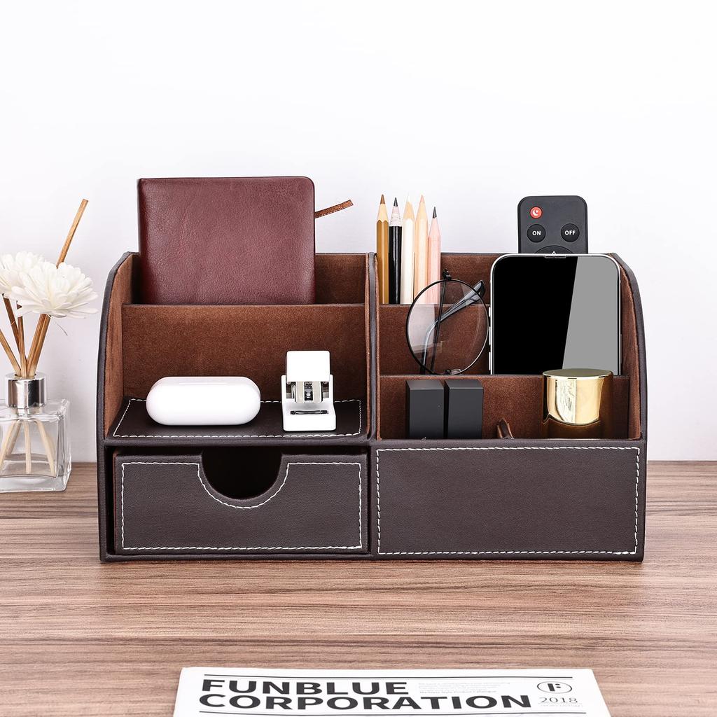 KINGFOM PU Kůže Úložný box na stůl Stolní organizér se stationery Dálkový ovladač Stylová kožená krabička/pouzdro, Zásuvka, Držák na tužky/propisky, Stojan,