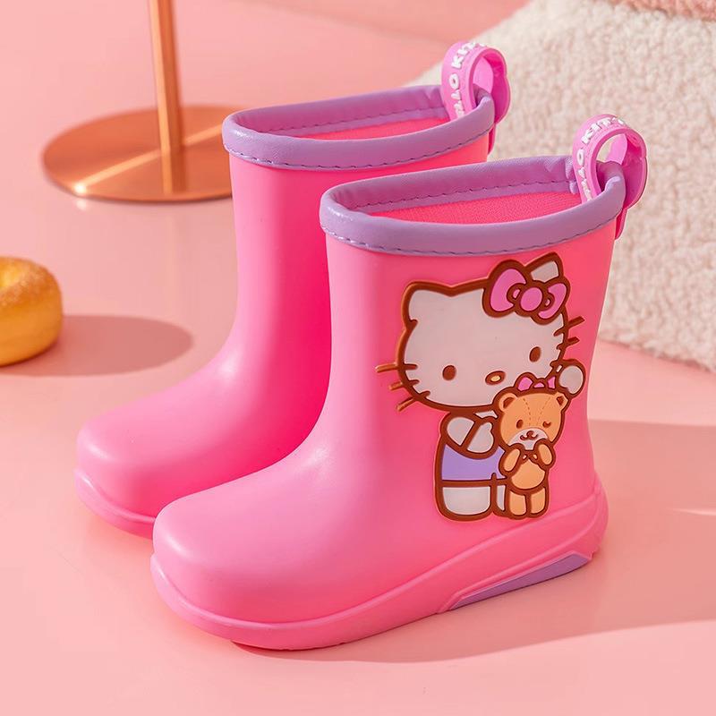 Children's Rain Boots with Fleece Lining Kuromi Cinnamoroll Hello Kitty Girls' Rain Boots Non-Slip Kids' Rubber Shoes