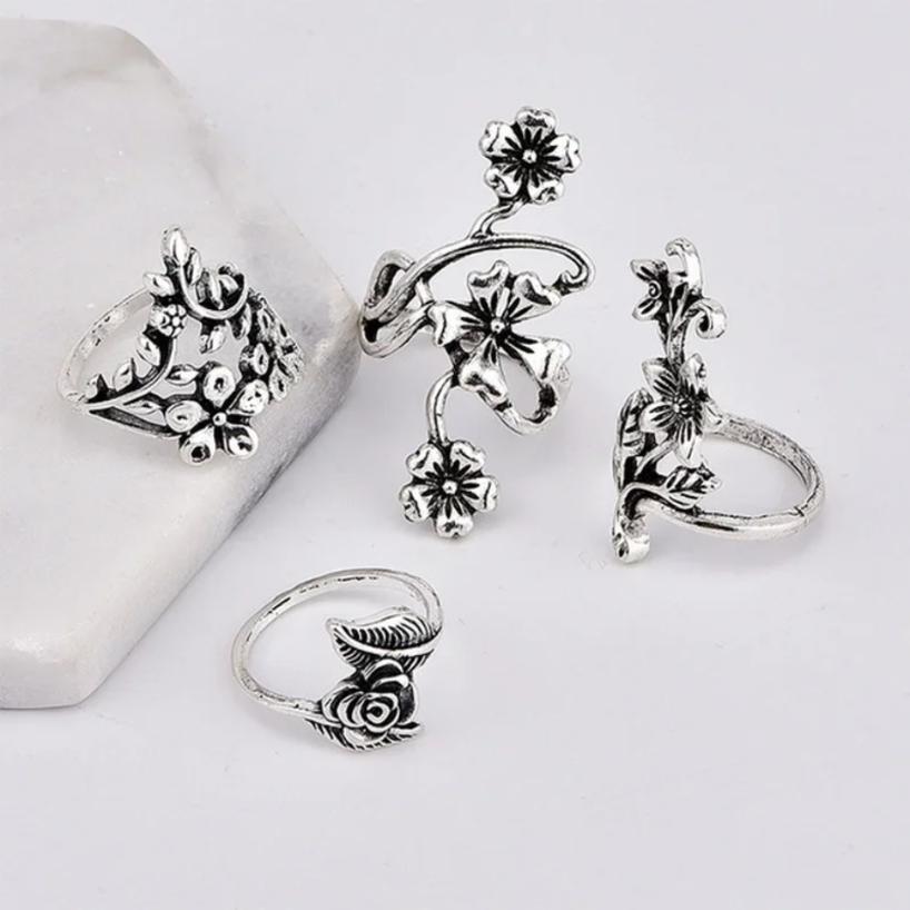4 Pieces/set New Popular Women's Fashion Retro Personality Ancient Silver Forest Vine Leaf Flower Hollow Ring Set