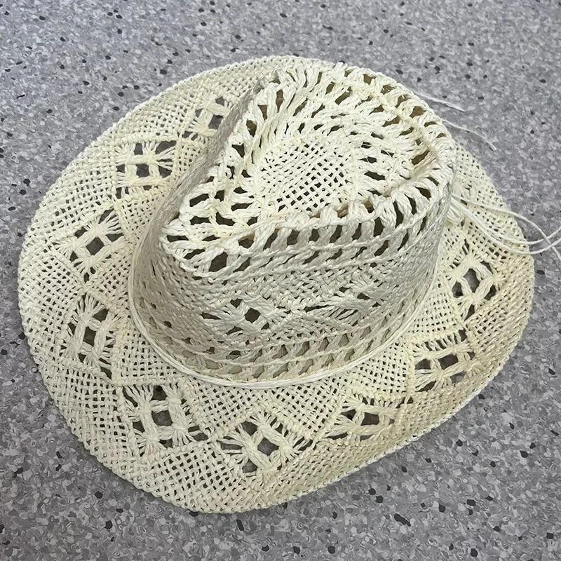 1Pc Summer Bohemian Shell Straw Hat Beach Women Men Cowboy Hats Wooden Beads Hollow Out Western Wide Brim Sun Hat Holiday Cap