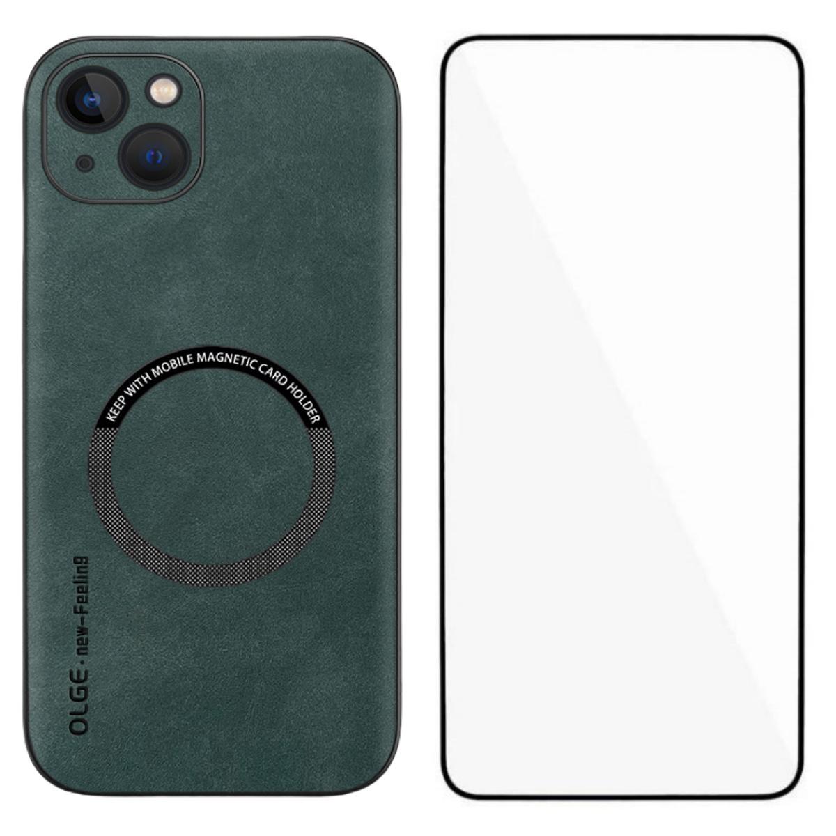 

WANLONFENG YBP Series For iPhone 13 Magnetic Case with Tempered Glass Film PU Leather+TPU Phone Cover Precise Cutouts Green