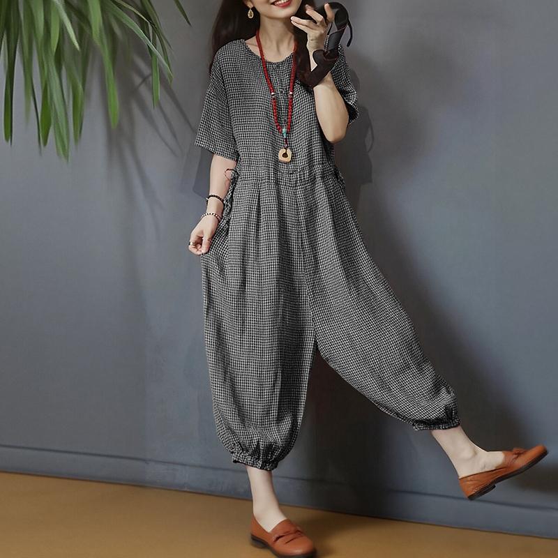 ZANZEA Women Casual Round Neck Short Sleeve Loose Grid Print Jumpsuits
