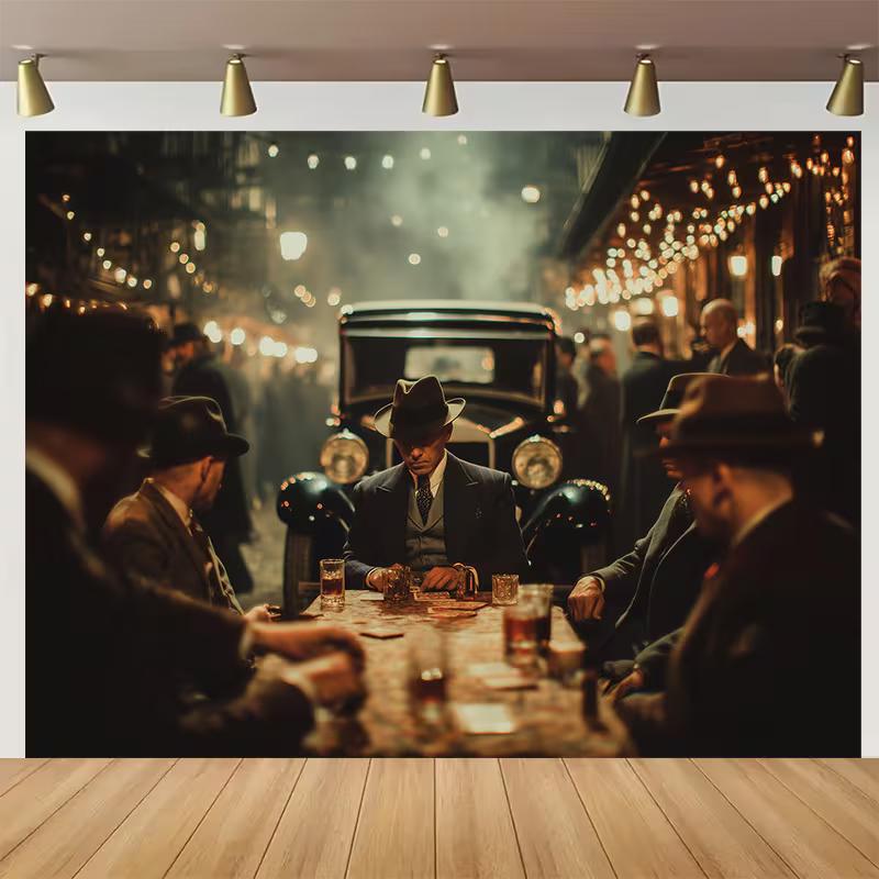 

2D Vintage Mafia Poker Backdrop, 1920s Mobsters & Classic Car Photo Background for Studio 47.2x31.5inch/120*80cm