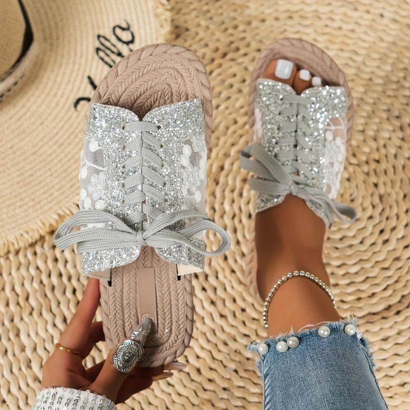 Women's Floral Lace-Up Sandals - Breathable Fabric Upper with Adjustable Ankle Strap, Comfortable Flat Rubber Sole & PU Foam Insole for Summer Casual