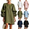 Women's Cotton Linen Dress with 3D Floral and Sleeves