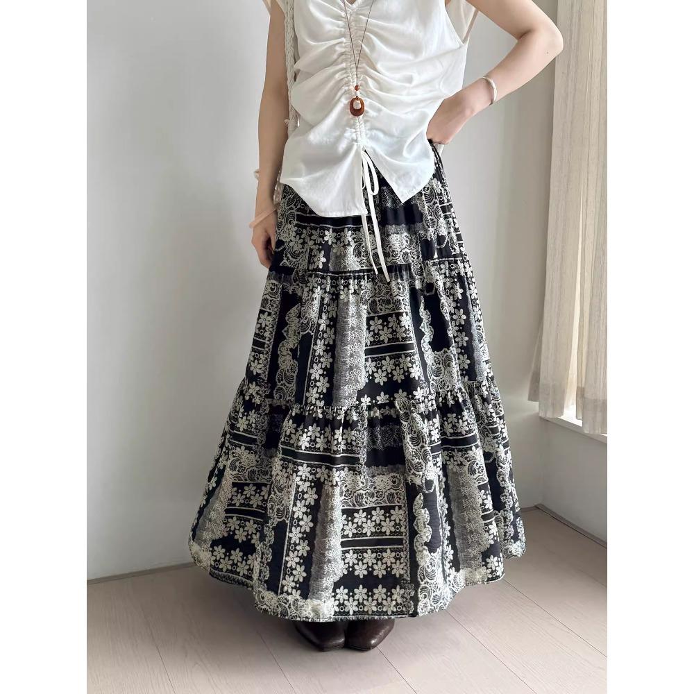 Dimanaf 2025 Summer Women Linen New Skirts Flower Vintage Elastic Pleated Elegant Skirts High Waist